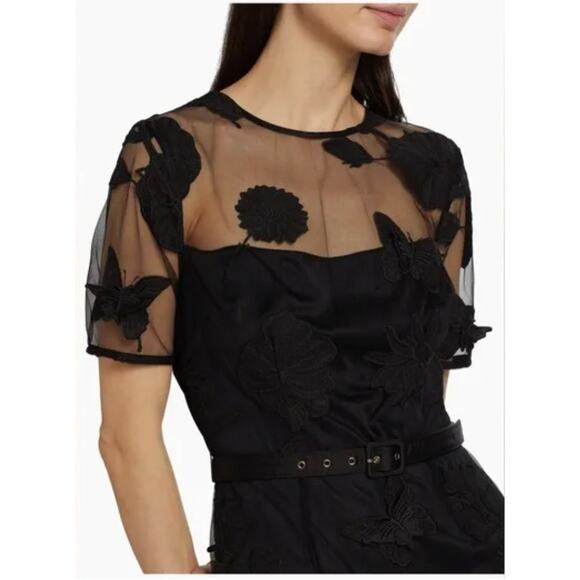 Milly Hannah Organza Belted Floral Embroidered Mini Dress Black Sheer Size 6 NEW - Picture 4 of 16